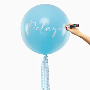 Globo Jumbo 60 cm Azul Bebé Pastel Floral y Vichy Azul Personalizado Rotulador Plata